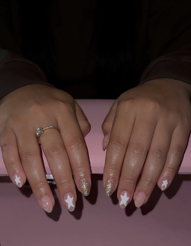 Nude almond with white stars and glitter
